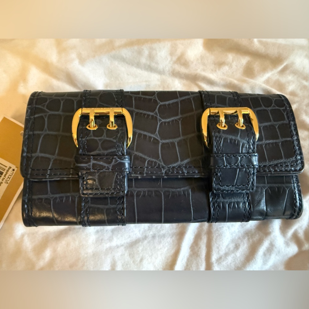 NWT Michael Kors Navy Croc Embossed Clutch with Gold Accents